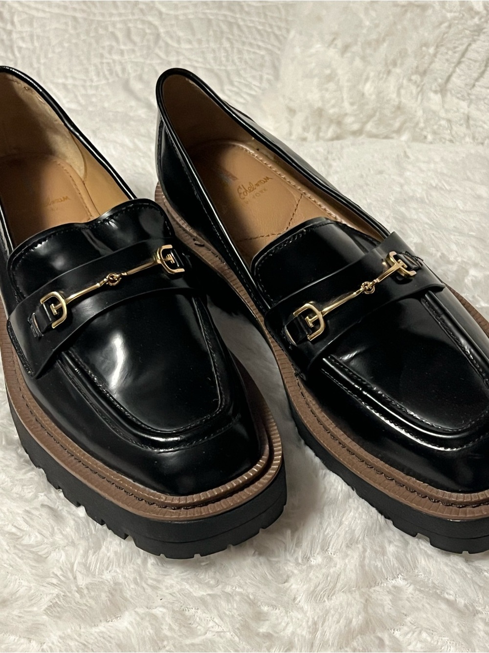 Sam Edelman Black Patent Lug Sole Loafers with Gold Hardware